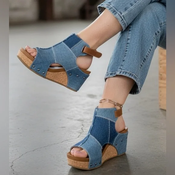 NIB Brand New In Box Very G Lala Denim Jean Patchwork Wedge Heels Sandals - Picture 3 of 5